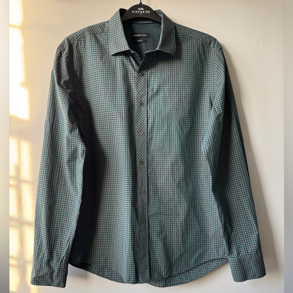 BUGATCHI Shaped Fit Gingham Check Long Sleeve Button Down Shirt - Green/Grey - L